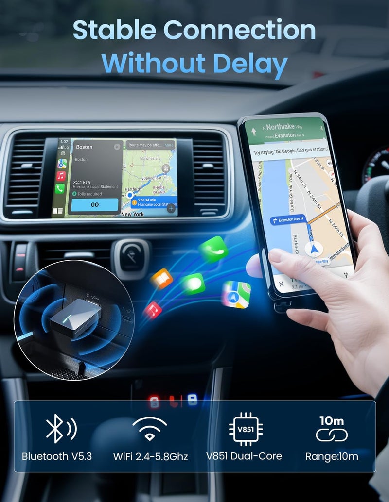 Kello Wireless CarPlay Adapter for iPhone, Convert Wired to Wireless Carplay Adapter, [5.2Ghz Bluetooth] for Apple Car Play, Auto for iPhone iOS 10+/ Android 11+, Support OTA - Image 3